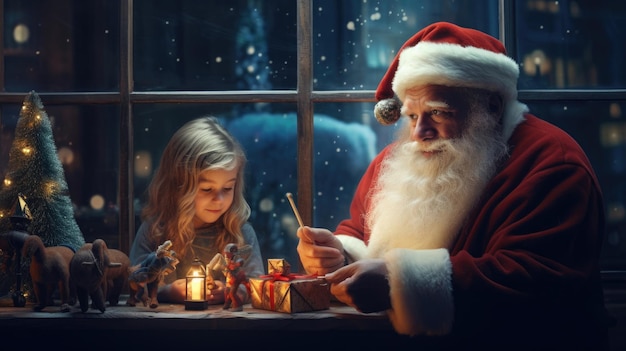 Le Père Noël dans son bureau avec une petite fille.