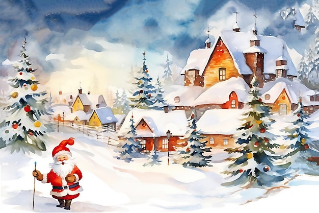 Père Noël dans le village d'hiver Joyeux Noël et bonne année concept Illustration Image générée par l'IA post-traitée