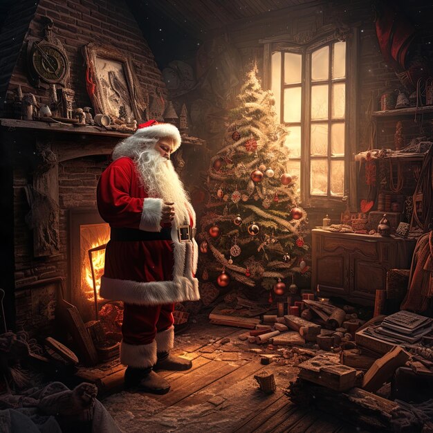 un Père Noël debout dans une pièce avec un arbre de Noël en arrière-plan