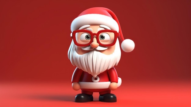 Un père noël de dessin animé avec des lunettes et un fond rouge.