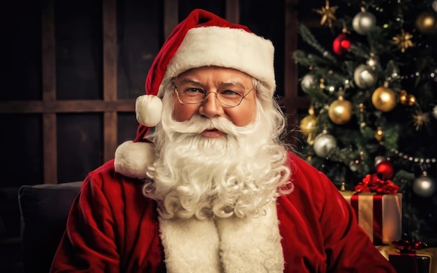 Le Père Noël devant l'arbre de Noël