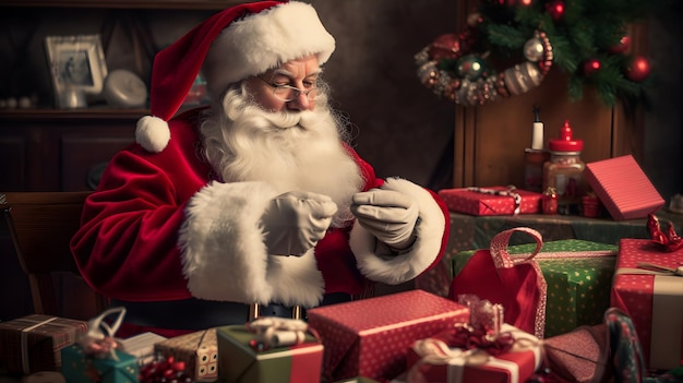 Père Noël devant un sapin de Noël