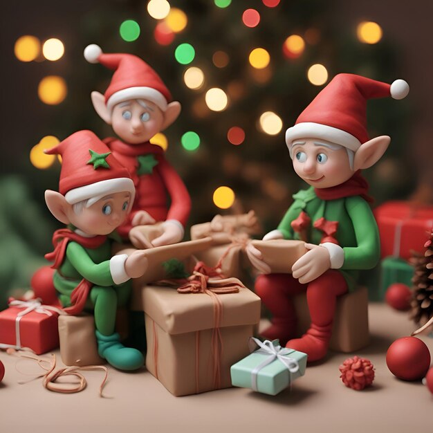 Photo père noël et elfe avec arbre de noël sur fond illustration 3d