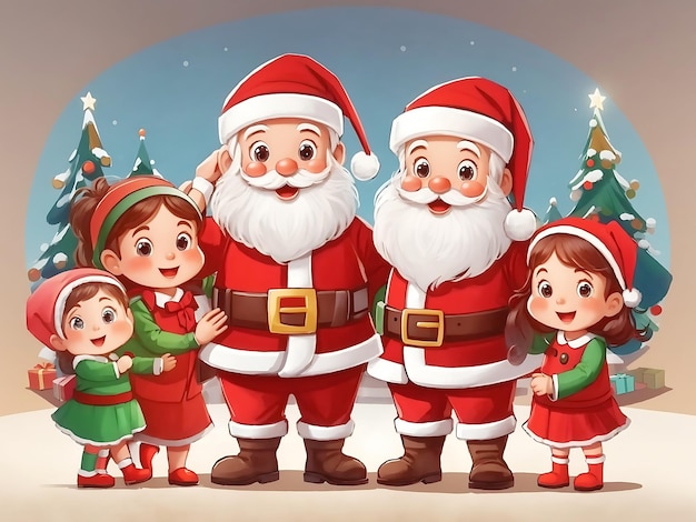 Père Noël et enfants dans le style de personnage de dessin animé de costume de Noël