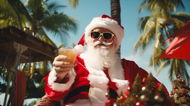 Le Père Noël est en vacances Père Noël sur la plage de la mer Avec un cocktail à la main Vacances de Noël