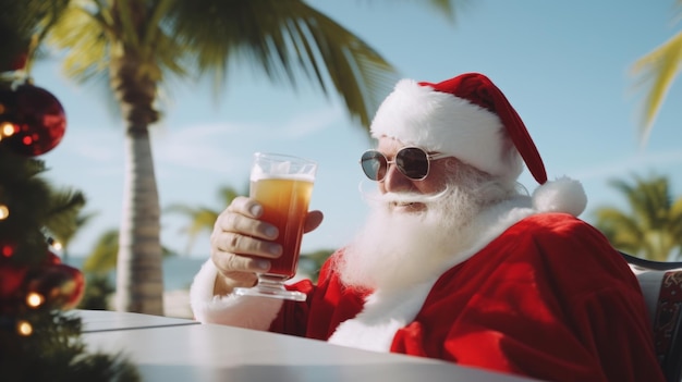 Le Père Noël est en vacances Père Noël sur la plage de la mer Avec un cocktail à la main Vacances de Noël
