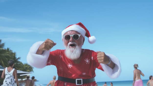 Le Père Noël est en vacances Le Père Noël sur la plage de la mer Danse sur la fête de la plage Vacances de Noël