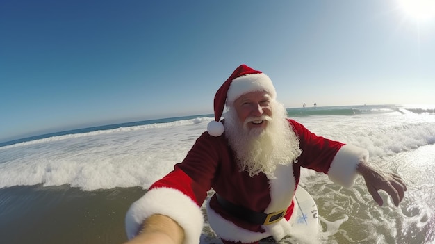 Le Père Noël est en vacances Père Noël sur la plage de la mer Surf Vacances de Noël