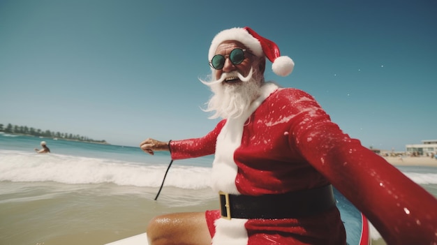 Le Père Noël est en vacances Père Noël sur la plage de la mer Surf Vacances de Noël