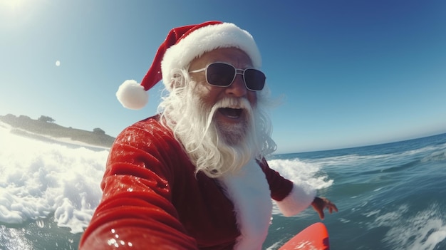 Le Père Noël est en vacances Père Noël sur la plage de la mer Surf Vacances de Noël