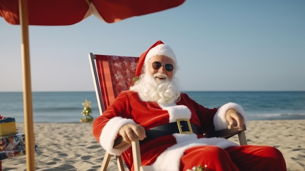 Le Père Noël est en vacances Père Noël sur la plage de la mer Vacances de Noël