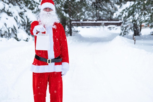 Le Père Noël à l'extérieur en hiver et dans la neige remettant des sacs en papier à la main avec livraison de nourriture cadeau artisanale