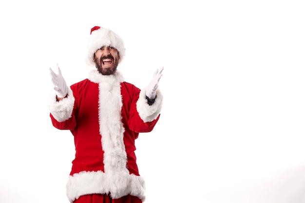 Père Noël faisant des gestes d'expression sur fond blanc