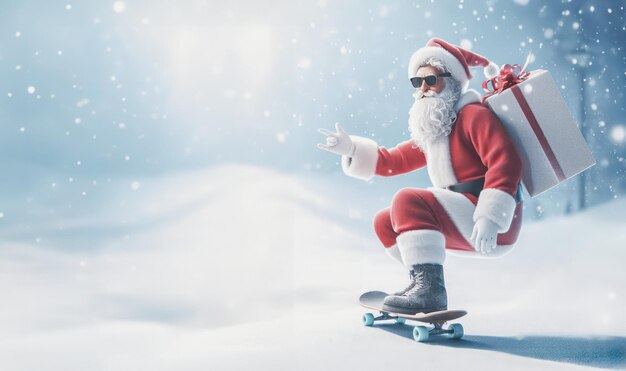 Le Père Noël fait du skateboard avec une boîte à cadeaux sur fond de chute de neige