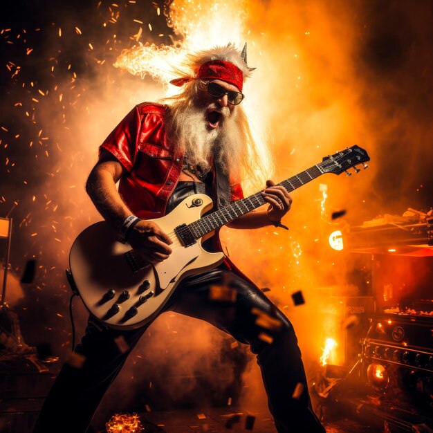 Le Père Noël fait la fête de Noël avec une touche de rockstar