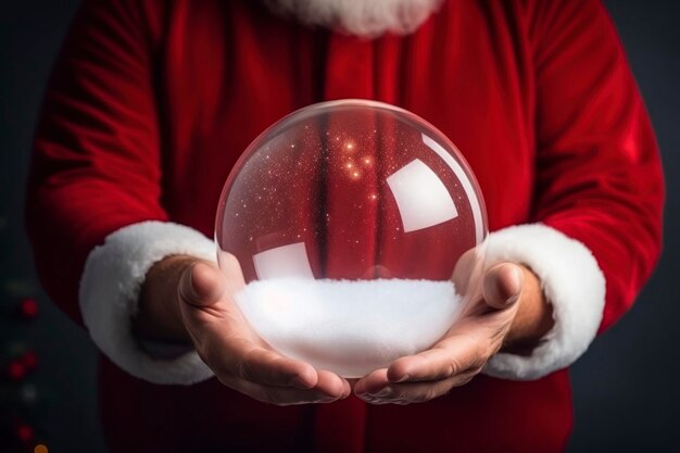 Photo le père noël garde entre les mains une grande boule de verre transparente vierge, un espace de copie des vibrations de noël