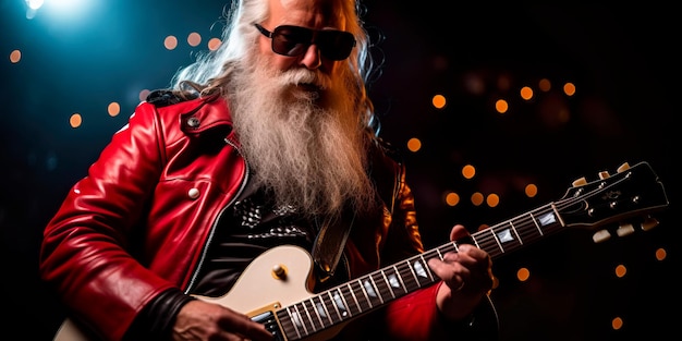 Le Père Noël avec une guitare en veste de cuir à la main et une attitude de rockstar ajoutant une touche musicale à Noël