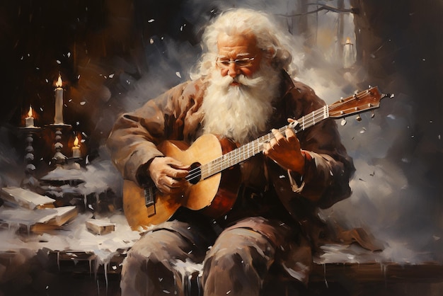 Le Père Noël joue de la guitare à Noël, les vacances d'hiver, les cartes de vœux, les bougies allumées.