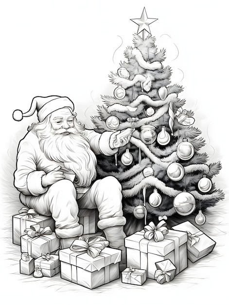 Photo le père noël avec une lettre dans sa main autour de lui présente l'arbre de noël feuille de coloration noir et blanc arbre de noël comme un symbole de noël de la naissance du sauveur