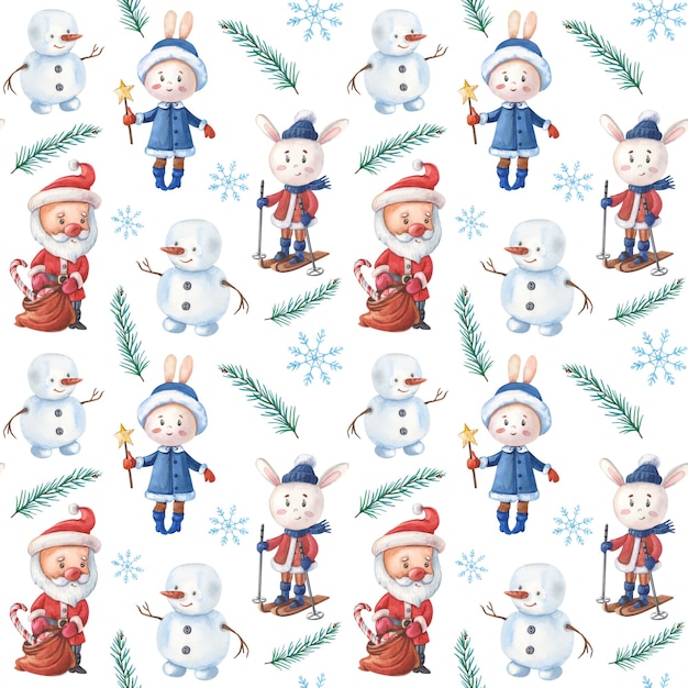 Père Noël lièvre bonhomme de neige et flocon de neige sur fond blanc Noël