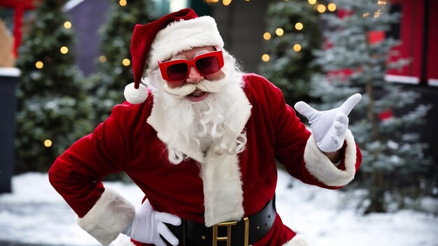 Photo le père noël en lunettes de soleil rouges souriant et posant