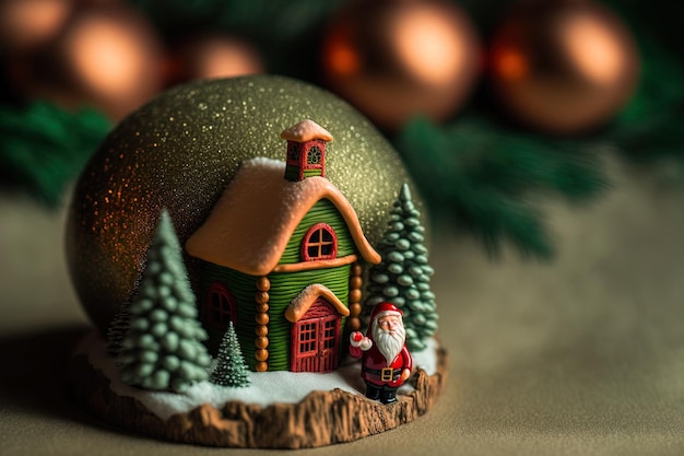 Père Noël une maison de couleur caramel et un fond vert les vacances et le nouvel an
