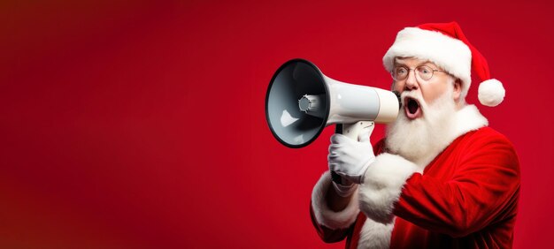 Photo le père noël avec un mégaphone sur fond rouge