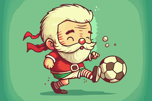 Le père noël mignon donne un coup de pied dans un ballon de football de noël