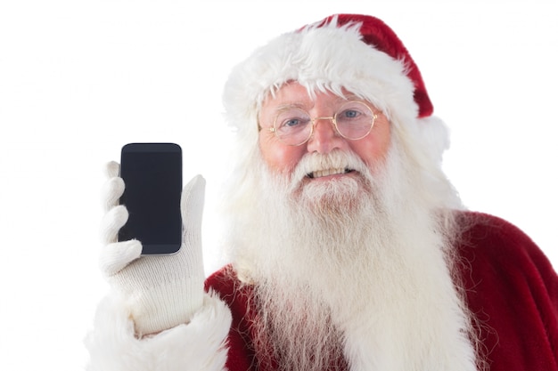 Le père Noël montre un smartphone