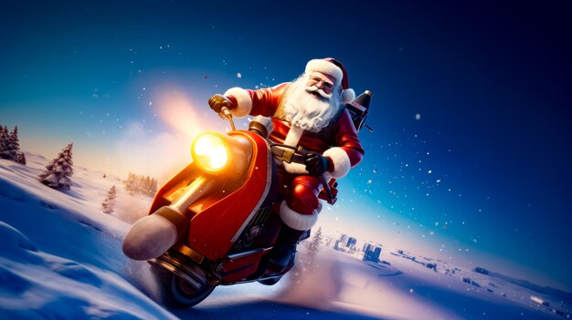 Père Noël à la moto dans la neige avec l'arbre de Noël en arrière-plan AI générative