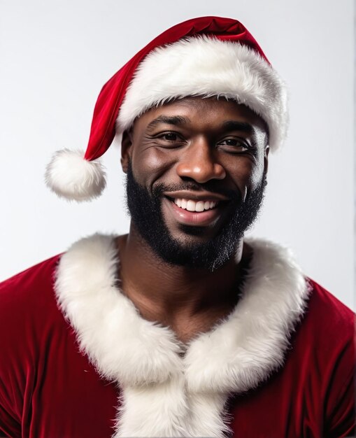 Photo père noël noir afro très heureux fond blanc