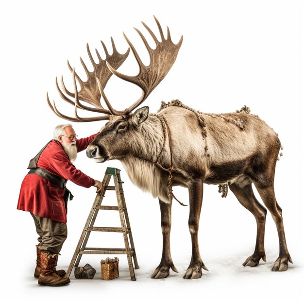 Photo le père noël nourrit un renne avec une laisse.