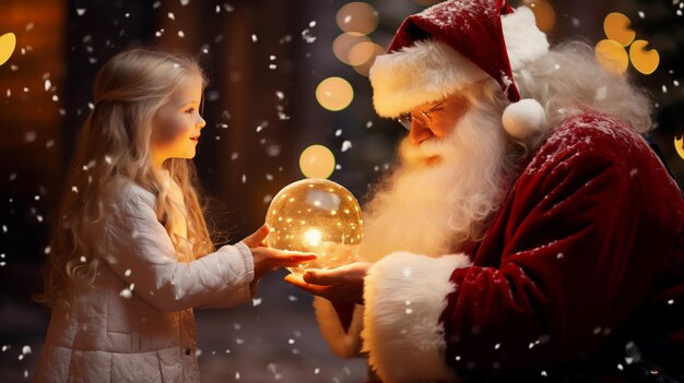 Le Père Noël offre une boule à neige à la fille