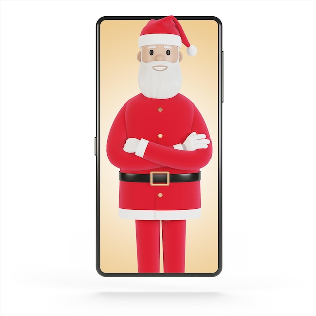 Le Père Noël offre des cadeaux en ligne aux gens Écran de smartphone avec le Père Noël Livraison de courses en ligne Illustration 3D en style cartoon