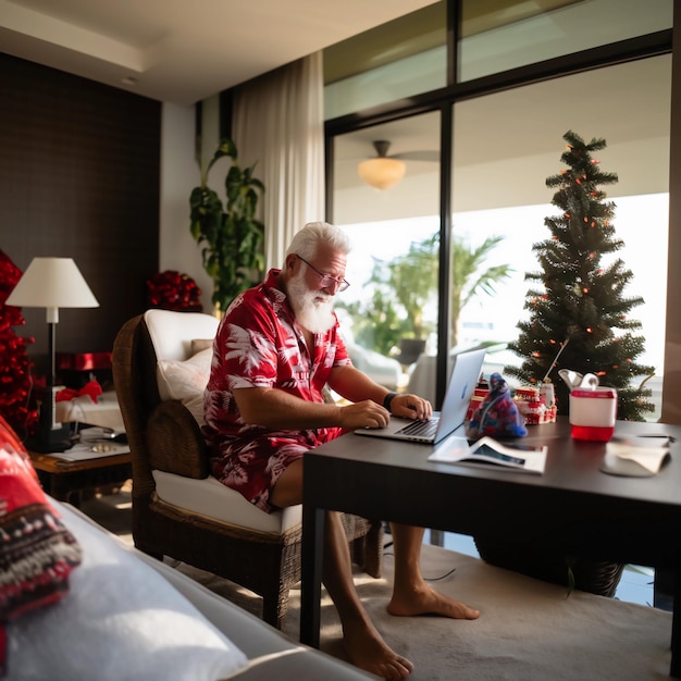 Photo père noël en pantalon de survêtement et chemise hawaïenne assis dans son bureau devant son ordinateur portable