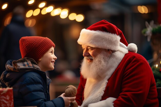 Le Père Noël parle avec un petit garçon au festival d'hiver Concept de vacances de Noël AI générative