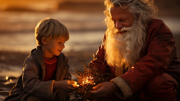 Photo le père noël et le petit garçon sur la plage