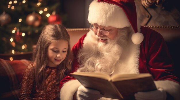 Le Père Noël et une petite fille lisent un livre Le Nouvel An et les fêtes de Noël L'atmosphère des fêtes