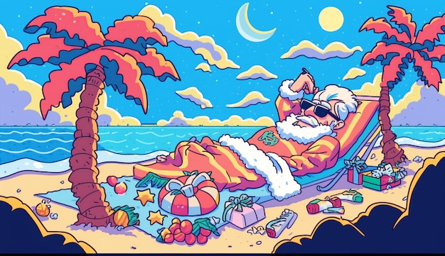 Père Noël sur la plage avec un palmier et un chapeau