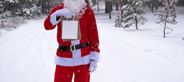 Père Noël en plein air en hiver et neige remettant des sacs en papier à la main avec un cadeau artisanal, livraison de nourriture, emballages commerciaux, recyclage, livraison faite à la main pour Noël et le nouvel an