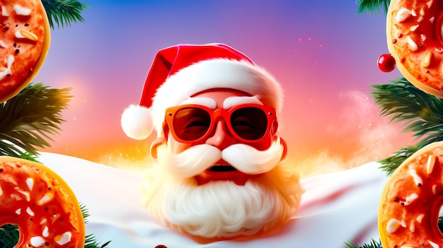 Père Noël portant des lunettes de soleil et un chapeau de Père Noël avec barbe et moustache AI générative