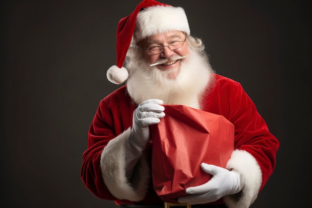 Un père Noël portant un sac de cadeaux à la recherche de bonheur sur un fond d'une couleur