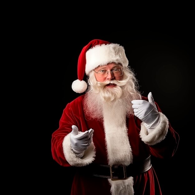 Le père Noël pose avec un visage heureux sur un fond sombre clair.