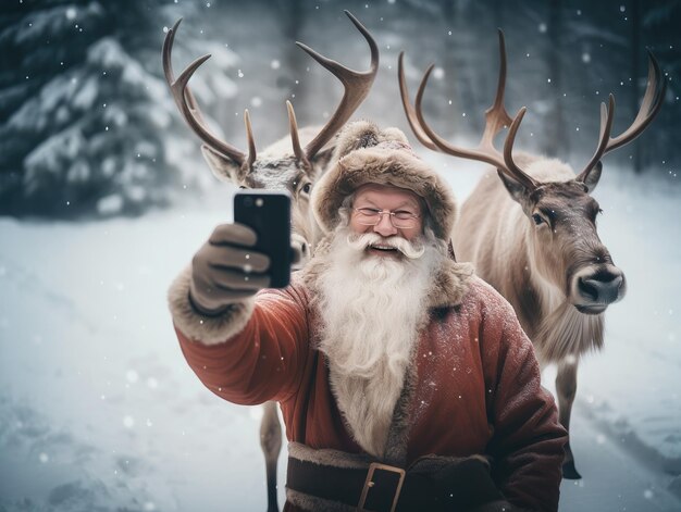 Le Père Noël prend un selfie avec l'un de ses rennes dans la forêt.