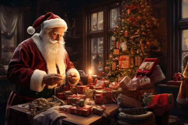 Le Père Noël prépare les cadeaux avant la nuit de Noël