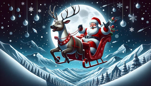 Le Père Noël et un renne volant joyeusement sur un traîneau sous un ciel de lune