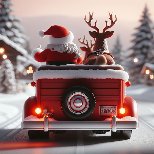 Photo le père noël et les rennes assis dans une voiture à l'arrière