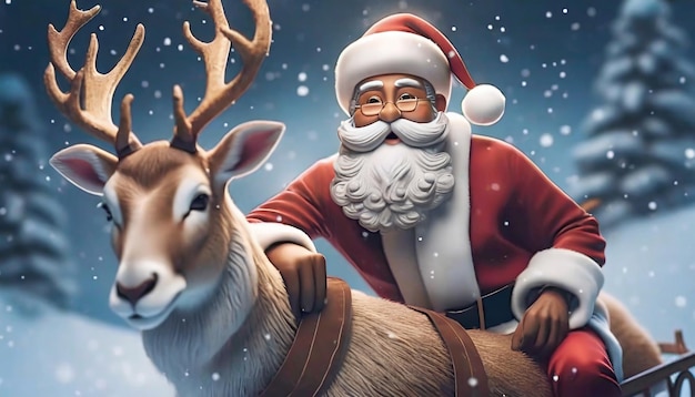 Le Père Noël avec des rennes sur un traîneau à l'arrière-plan de Noël