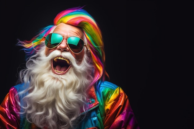 Père Noël riant en costume arc-en-ciel Cheveux de couleur Lunettes de soleil drôles Couleurs pastel fond sombre