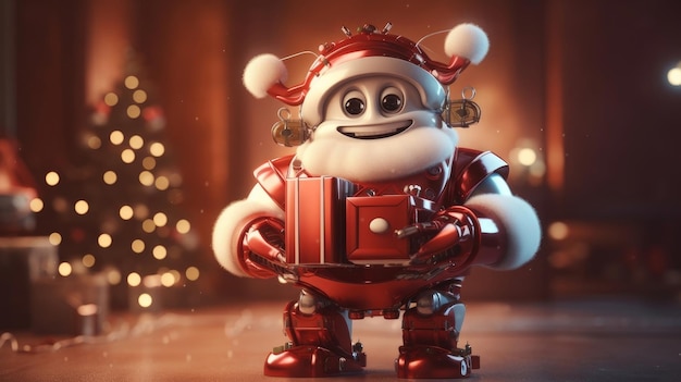 Photo le père noël robot avec des cadeaux de noël et de nouvel an sur un fond plat généré par l'ia